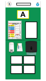 A green wall with a prominent A features a warning sign on beam/shelf loads and includes the MH-USA Single Marker Rack End Board 1, Sanitizing - Green, with a sanitizer dispenser, paper towel holder, and empty frames. 5S Lean and Shine logos are in the top corners.