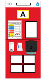 The MH-USA Single Marker Rack End Board 1, Sanitizing - Red features labeled sections with a safety instruction sheet, blank panels, a hand sanitizer dispenser, and paper towel holder. It displays hygiene guidelines with a large A and 5S Lean and Shine logos.