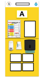 The Yellow MH-USA Single Marker Rack End Board 1 prominently displays an A, includes a load chart, a black frame, and a sanitizing station with hand sanitizer, tissues, and a black paper towel dispenser above four white boxes.