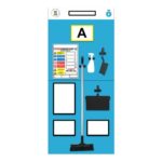 A blue cleaning station board labeled A, featuring a broom, spray bottle, scoop, and dustpan with outlined sections for each item. Includes hazard and safety labels with iconography.