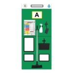 Green shadow board featuring cleaning tools including a broom, spray bottle, and brush. Safety instructions and labels are displayed alongside designated slots for organizing each item.