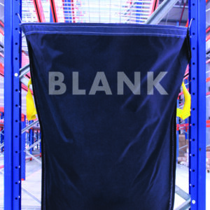 A large MH-USA Racksack - Blank in black with yellow handles hangs on a blue metal rack, surrounded by shelving and industrial structures in a warehouse.