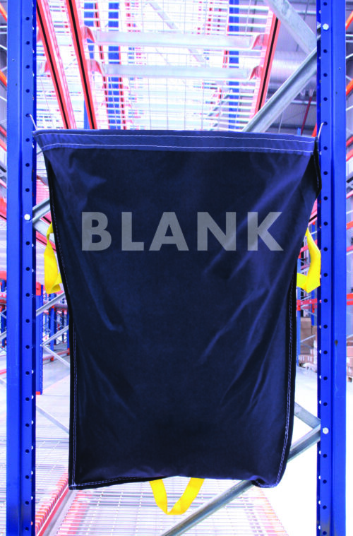 RSB1-BK.jpg A large MH-USA Racksack - Blank in black with yellow handles hangs on a blue metal rack, surrounded by shelving and industrial structures in a warehouse.