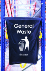 A blue MH-USA Racksack - General Waste fabric bag hangs on metal shelves, featuring an icon of a person discarding trash into a bin and the brand name Racksack elegantly at the bottom.