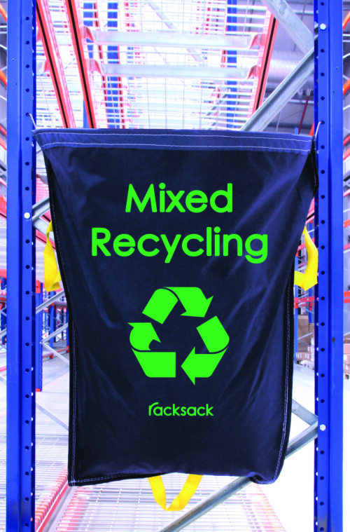A blue MH-USA Racksack labeled Mixed Recycling, featuring a green recycling symbol and yellow side handles, hangs on a metal rack in an industrial setting.