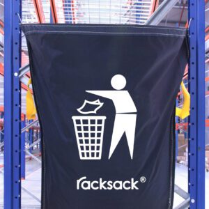 A blue MH-USA Racksack Symbol Only - General Waste hangs in the industrial shelving area, featuring a white icon of a person disposing of waste into a bin, symbolizing efficient general waste management among the sturdy metal beams and shelving units.
