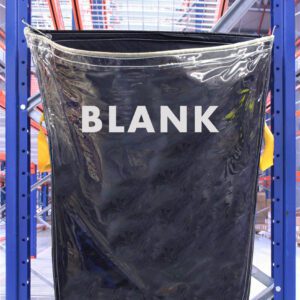 A large black plastic container labeled BLANK hangs on a sturdy blue MH-USA Racksack Clear - Blank in a busy warehouse, surrounded by metal shelves and industrial structures for an authentic and efficient storage setting.