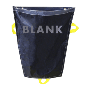 A black tarp with BLANK in large gray letters, outlined by white stitching, features yellow handles on each side and bottom for added practicality. Its perfect for the MH-USA Racksack Mini - Blank collection.