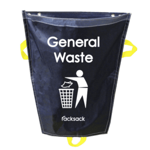The MH-USA Racksack Mini - General Waste is a navy blue waste sack with a trash bin illustration, featuring yellow handles and the racksack brand at the bottom.