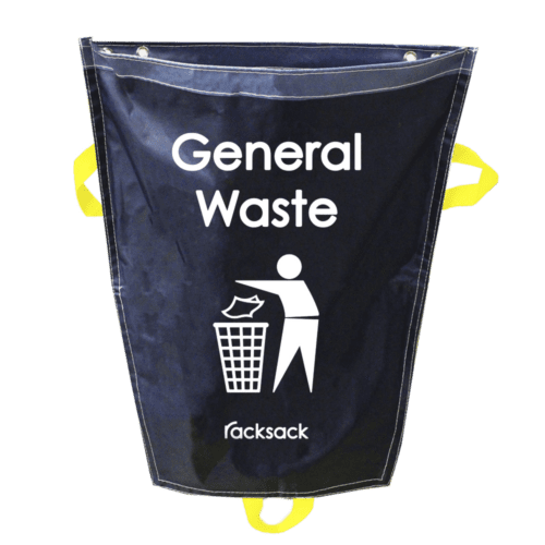 RSMB1-GW.png The MH-USA Racksack Mini - General Waste is a navy blue waste sack with a trash bin illustration, featuring yellow handles and the racksack brand at the bottom.