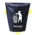 The MH-USA Racksack Mini in dark blue features yellow handles and a sleek white icon of a person discarding trash into a bin. Racksack is elegantly printed below the symbol, indicating it is for General Waste.