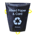 The MH-USA Racksack Mini - Mixed Paper & Card is a blue recycling sack featuring handles, a recycling symbol, and a Mixed Paper & Card label.