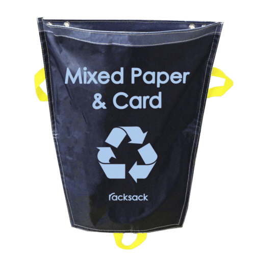 The MH-USA Racksack Mini - Mixed Paper & Card is a blue recycling sack featuring handles, a recycling symbol, and a Mixed Paper & Card label.