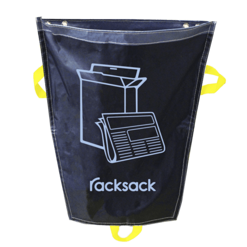 RSMB1-MPNT.png The MH-USA Racksack Mini Symbol Only - Mixed Paper and Card is a blue waste sack with racksack branding, featuring a box and newspaper icon for recycling. It includes yellow handles on the sides and bottom for easy handling.
