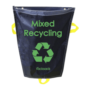 The MH-USA Racksack Mini is a blue recycling bag with Mixed Recycling text, a green recycle symbol, and Racksack at the bottom. It features yellow handles for easy carrying.