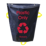 A dark blue MH-USA Racksack Mini - Plastic Only sack with a red recycling symbol features yellow handles, ideal for efficient waste sorting.