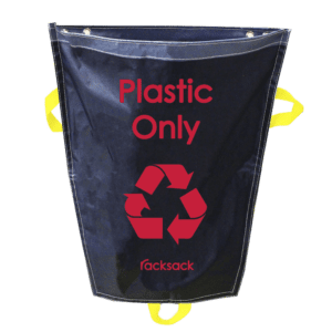 A dark blue MH-USA Racksack Mini - Plastic Only sack with a red recycling symbol features yellow handles, ideal for efficient waste sorting.