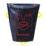The MH-USA Racksack Mini, featuring red outlines of a plastic bag, tin, and container for plastic-only disposal, has yellow handles and grommets for hanging. It is completed with the Racksack logo in striking red at the bottom.