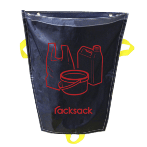 The MH-USA Racksack Mini, featuring red outlines of a plastic bag, tin, and container for plastic-only disposal, has yellow handles and grommets for hanging. It is completed with the Racksack logo in striking red at the bottom.
