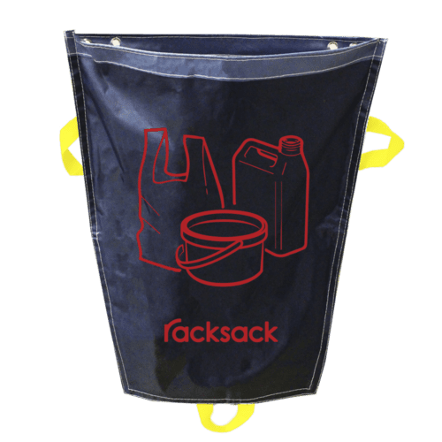 RSMB1-PNT.png The MH-USA Racksack Mini, featuring red outlines of a plastic bag, tin, and container for plastic-only disposal, has yellow handles and grommets for hanging. It is completed with the Racksack logo in striking red at the bottom.