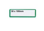 A green-bordered rectangular label, measuring H.30mm x W.100mm, displays 30 x 100mm on white, perfect for MH-USA Ticket Pouches. Its self-adhesive for easy use and comes in packs of 100.