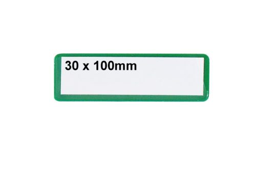 SAP310G.jpg A green-bordered rectangular label, measuring H.30mm x W.100mm, displays 30 x 100mm on white, perfect for MH-USA Ticket Pouches. Its self-adhesive for easy use and comes in packs of 100.