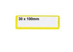 A rectangular label with a yellow border and white center, displaying 30 x 100mm in black text, resembles the MH-USA Ticket Pouches. These self-adhesive pouches measure H.1.18 in. x W.3.94 in., come in a pack of 100, and contrast well against a plain white background.