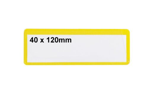A self-adhesive rectangular white label with a yellow border displays 1.57x4.72 in. in bold black text, ideal for MH-USA Ticket Pouches - Pack of 100, combining efficiency and stylish yellow elegance.