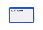 A rectangular label with a blue border and white center, displaying 60 x 100mm in black, is ideal for MH-USA Ticket Pouches. These self-adhesive pouches measure H.2.36 in. x W.3.94 in., come in striking blue, and are available in a convenient pack of 100.