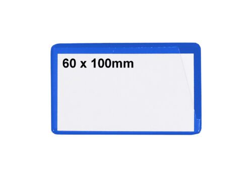 SAP610B.jpg A rectangular label with a blue border and white center, displaying 60 x 100mm in black, is ideal for MH-USA Ticket Pouches. These self-adhesive pouches measure H.2.36 in. x W.3.94 in., come in striking blue, and are available in a convenient pack of 100.