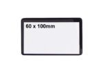 A rectangular black-bordered label, similar to MH-USA Ticket Pouches (2.36 x 3.94), shows 60 x 100mm in the top left. A clear film partly peels from the top right, revealing its self-adhesive backing.