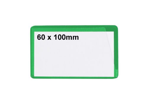 The MH-USA Ticket Pouches pack of 100 includes self-adhesive white labels, 60 x 100mm, with a green border and a slightly peeled top right corner, featuring black printing on the top left corner.