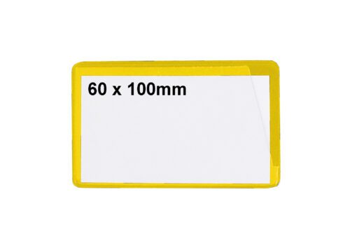 SAP610Y.jpg A rectangular badge featuring a yellow border and white center highlighting 60 x 100mm in black letters is similar to MH-USA Ticket Pouches, which are self-adhesive and measure 2.36x3.94 inches, ideal for identification purposes.