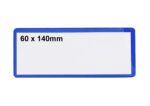 A white label with a blue border shows 60 x 140mm in black, ideal for MH-USA Ticket Pouches, Self-Adhesive, H.2.36 in. x W.5.51 in., Pack of 100, Blue.