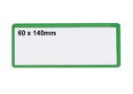 A white label with a green border shows 60 x 140mm in black on the left side, ideal for the MH-USA Ticket Pouches - Self-Adhesive, size 2.36 in. x 5.51 in., pack of 100, green.