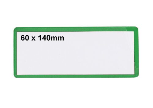 A white label with a green border shows 60 x 140mm in black on the left side, ideal for the MH-USA Ticket Pouches - Self-Adhesive, size 2.36 in. x 5.51 in., pack of 100, green.