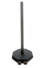 A sleek black metallic stand with a tall perforated rod on a TCT Octagon Sign Base 30 Lbs, w/ Wheels. It has two clasps near the bottom for stability. The white background highlights its modern design.