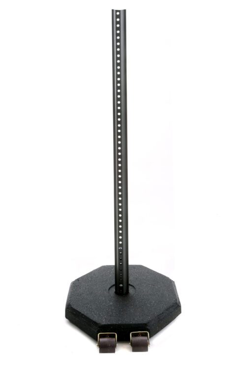 A sleek black metallic stand with a tall perforated rod on a TCT Octagon Sign Base 30 Lbs, w/ Wheels. It has two clasps near the bottom for stability. The white background highlights its modern design.