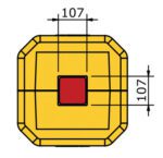 The design showcases a square yellow chip with beveled edges, featuring a central red square. Black lines indicate dimensions of 107 units each, akin to the compact size of the MH-USA Polywrap Space Saver Column Protector, H.3.94 in x W.3.94 in.
