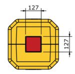 The diagram shows a yellow octagon with a red square center, resembling the MH-USA Polywrap Space Saver Column Protector. Black lines indicate dimensions, highlighting the squares width and height of 127 mm, akin to H.4.72 in. x W.4.72 in. measurements.