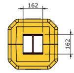 A yellow, square MH-USA Polywrap Space Saver Column Protector with rounded corners is shown. It has two rectangular cutouts outlined in red and black lines indicating 162 on each side. Its dimensions are H.5.98 in. x W.5.98 in.