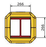 A square object diagram, featuring a red I-beam in the center, resembles the MH-USA Polywrap Space Saver Column Protector. The square has a yellow border and black outlines, each side measuring 266 units, and offers strong protection.