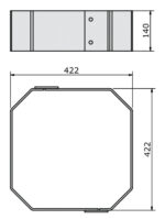 The technical drawing shows two views of a hexagonal object similar to the MH-USA Steel Fork Impact Skirt, featuring dimensions of H.140 units and W.422 units, which translates to H.5.51 in. x W.16.61 in., emphasizing its symmetrical design with side details.