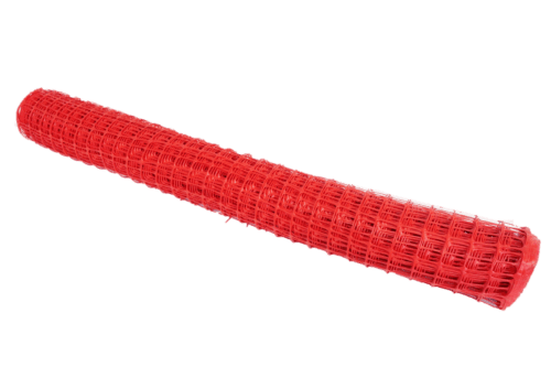 The TCT 50 Orange Safety Fencing roll, with a grid pattern, is neatly coiled into a cylinder and isolated on a white background.