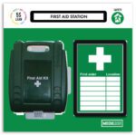 Image of a first aid station with an MH-USA Modulean Lite First Aid Board, H.19.69 in. x W.19.69 in., featuring a green kit on the wall; adjacent is a chart with First aider and Location under a white cross symbol on the green background labeled 5S Lean and Modulean.