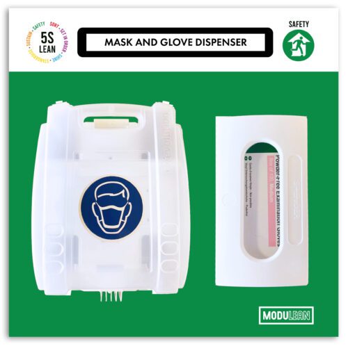 SHB50-4.jpg The wall-mounted MH-USA Modulean Lite - Mask and Glove Dispenser Board in green features a mask icon on the left, a glove dispenser opening on the right, and is labeled Mask and Glove Dispenser with 5S Lean and Safety logos, making it an ideal dispensing solution.
