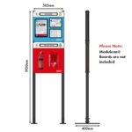 The MH-USA Modulean Lite - Mobile Framework safety station display measures 505mm W x 1920mm H x 400mm D, includes vital safety information and a fire extinguisher holder. It features a flat base but does not include Modulean® Boards.