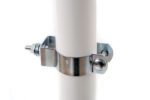 The shiny TCT Sign mounting brackets secure a white cylindrical pipe using two screws. Designed for 1 1/2 PVC posts, they are sold in pairs and set against a pristine white background.
