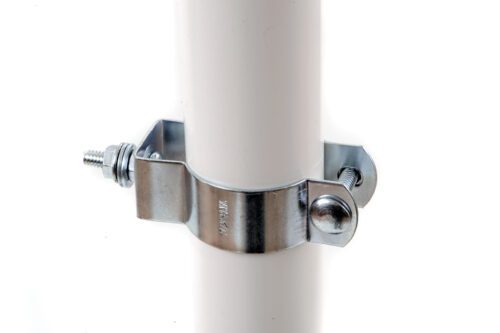 The shiny TCT Sign mounting brackets secure a white cylindrical pipe using two screws. Designed for 1 1/2 PVC posts, they are sold in pairs and set against a pristine white background.