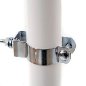 The TCT sign mounting bracket, designed for a 2 PVC post, clamps around a white cylindrical pipe and is secured with two screws featuring a hex nut and a rounded nut, all set against a white background.